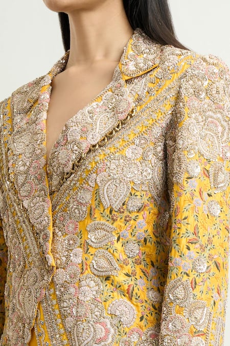 Buy_Anamika Khanna_Yellow Silk Zari, Embroidery Zardozi Floral Blazer Sharara Set_Online_at_Aza_Fashions