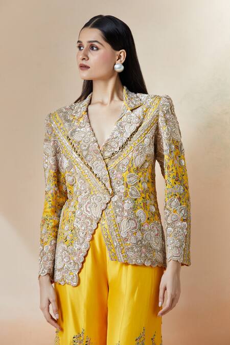 Shop_Anamika Khanna_Yellow Silk Zari, Embroidery Zardozi Floral Blazer Sharara Set_Online_at_Aza_Fashions