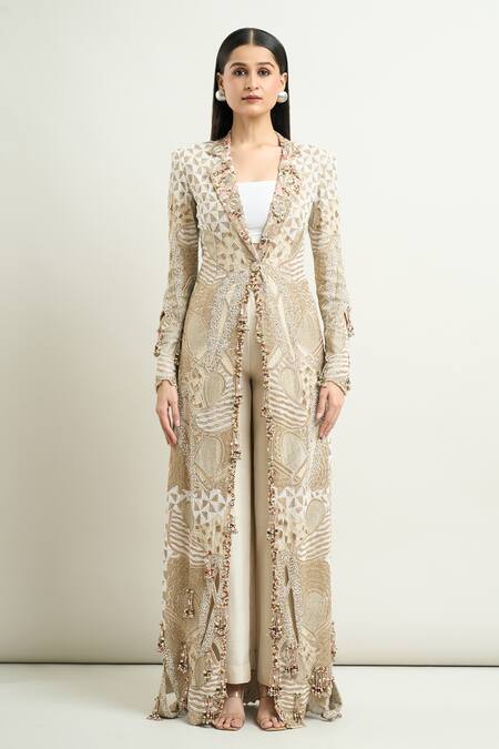 Anamika Khanna_Off White Silk Beads Collared Embroidered Long Jacket And Pant Set_Online_at_Aza_Fashions