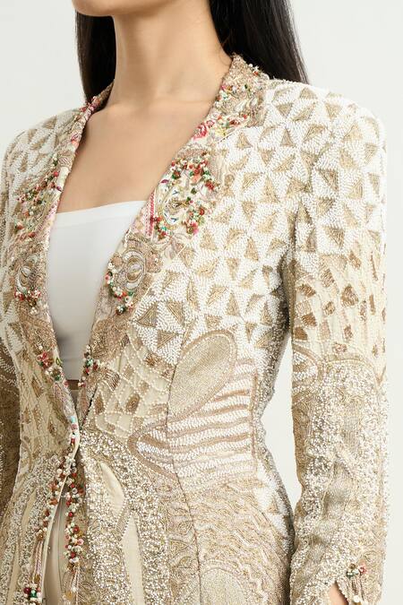 Buy_Anamika Khanna_Off White Silk Beads Collared Embroidered Long Jacket And Pant Set_Online_at_Aza_Fashions