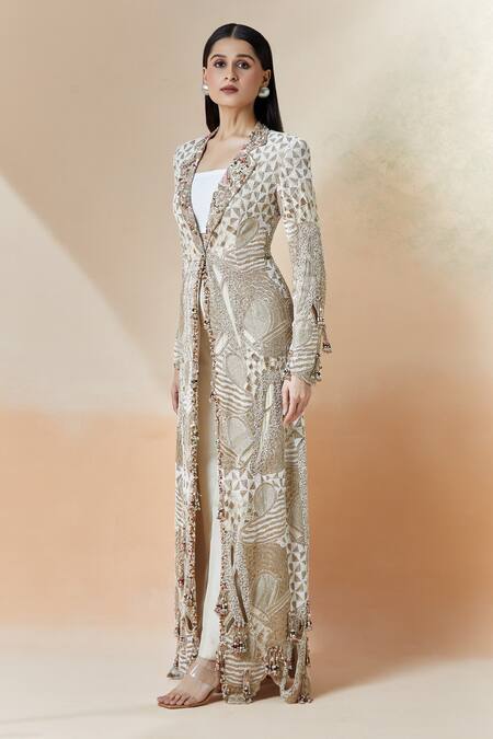 Buy_Anamika Khanna_Off White Silk Beads Collared Embroidered Long Jacket And Pant Set