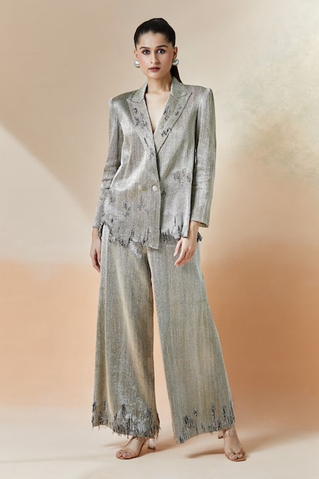 Anamika Khanna Metallic Frayed Blazer & Pant Set 