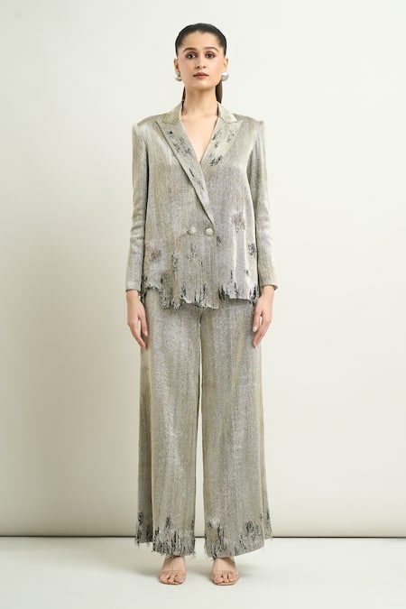 Anamika Khanna Silver Silk Fringe Metallic Frayed Blazer And Pant Set Online at Aza Fashions Anamika Khanna_Silver Silk Fringe Metallic Frayed Blazer And Pant Set _Online_at_Aza_Fashions
