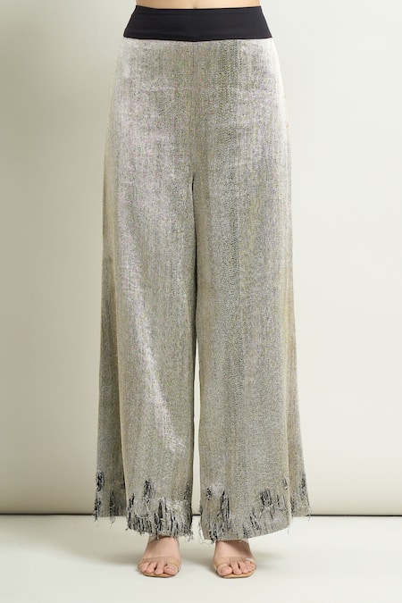 Buy Anamika Khanna Silver Silk Fringe Metallic Frayed Blazer And Pant Set Online at Aza Fashions Buy_Anamika Khanna_Silver Silk Fringe Metallic Frayed Blazer And Pant Set _Online_at_Aza_Fashions