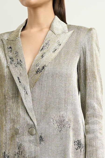 Shop Anamika Khanna Silver Silk Fringe Metallic Frayed Blazer And Pant Set Online at Aza Fashions Shop_Anamika Khanna_Silver Silk Fringe Metallic Frayed Blazer And Pant Set _Online_at_Aza_Fashions