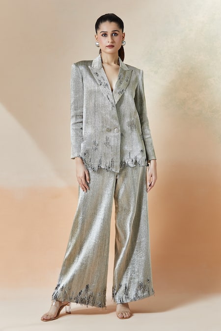 Buy Anamika Khanna Silver Silk Fringe Metallic Frayed Blazer And Pant Set Buy_Anamika Khanna_Silver Silk Fringe Metallic Frayed Blazer And Pant Set