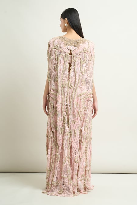 Shop Anamika Khanna Pink Pearls Scoop Neck 3d Embroidered Cape And Draped Tunic Set at Aza Fashions Shop_Anamika Khanna_Pink Pearls Scoop Neck 3d Embroidered Cape And Draped Tunic Set _at_Aza_Fashions