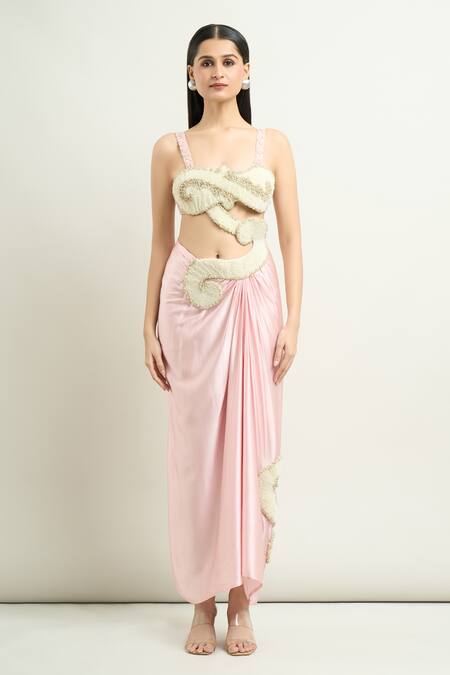 Buy Anamika Khanna Pink Pearls Scoop Neck 3d Embroidered Cape And Draped Tunic Set Online at Aza Fashions Buy_Anamika Khanna_Pink Pearls Scoop Neck 3d Embroidered Cape And Draped Tunic Set _Online_at_Aza_Fashions