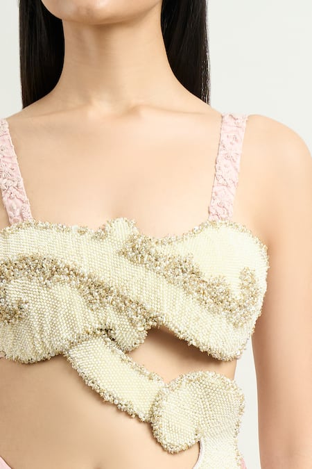 Shop Anamika Khanna Pink Pearls Scoop Neck 3d Embroidered Cape And Draped Tunic Set Online at Aza Fashions Shop_Anamika Khanna_Pink Pearls Scoop Neck 3d Embroidered Cape And Draped Tunic Set _Online_at_Aza_Fashions