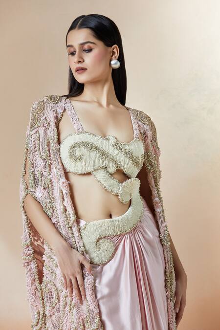 Anamika Khanna Pink Pearls Scoop Neck 3d Embroidered Cape And Draped Tunic Set at Aza Fashions Anamika Khanna_Pink Pearls Scoop Neck 3d Embroidered Cape And Draped Tunic Set _at_Aza_Fashions
