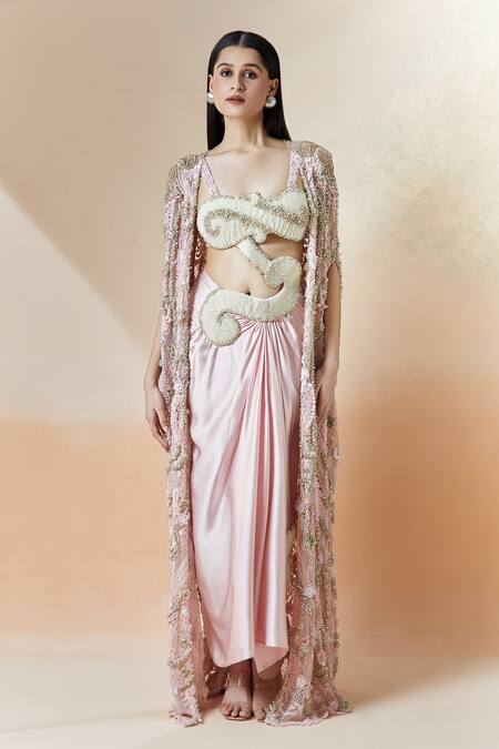 Buy Anamika Khanna Pink Pearls Scoop Neck 3d Embroidered Cape And Draped Tunic Set Buy_Anamika Khanna_Pink Pearls Scoop Neck 3d Embroidered Cape And Draped Tunic Set