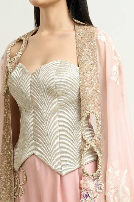 Anamika Khanna_Pink Satin Embroidery, Beads Sweetheart Neck Floral Cape And Pant Set_Online_at_Aza_Fashions