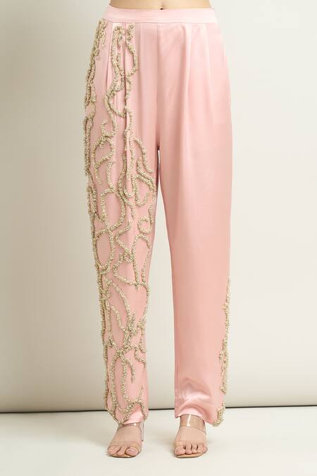 Buy_Anamika Khanna_Pink Satin Embroidery, Beads Sweetheart Neck Floral Cape And Pant Set_Online_at_Aza_Fashions