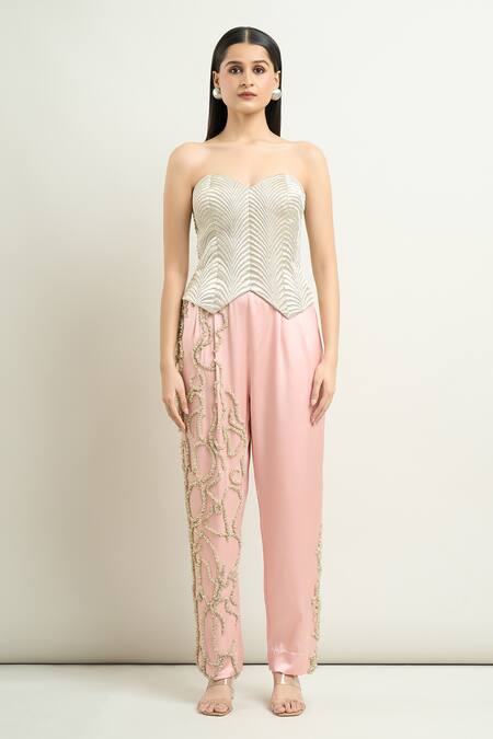 Shop_Anamika Khanna_Pink Satin Embroidery, Beads Sweetheart Neck Floral Cape And Pant Set_Online_at_Aza_Fashions