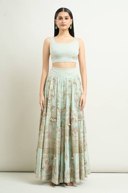 Anamika Khanna Blue Cotton, Georgette Pearls, Embroidery Round Neck Kurta Sharara Set Online at Aza Fashions Anamika Khanna_Blue Cotton, Georgette Pearls, Embroidery Round Neck Kurta Sharara Set_Online_at_Aza_Fashions