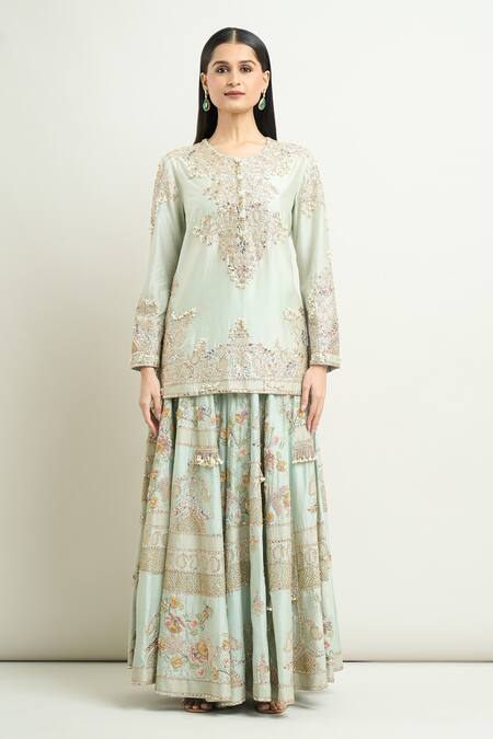 Buy Anamika Khanna Blue Cotton, Georgette Pearls, Embroidery Round Neck Kurta Sharara Set Online at Aza Fashions Buy_Anamika Khanna_Blue Cotton, Georgette Pearls, Embroidery Round Neck Kurta Sharara Set_Online_at_Aza_Fashions