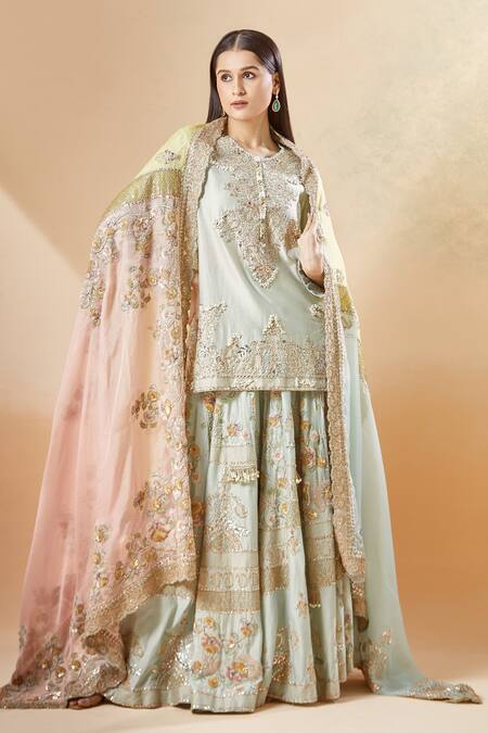 Shop Anamika Khanna Blue Cotton, Georgette Pearls, Embroidery Round Neck Kurta Sharara Set Online at Aza Fashions Shop_Anamika Khanna_Blue Cotton, Georgette Pearls, Embroidery Round Neck Kurta Sharara Set_Online_at_Aza_Fashions