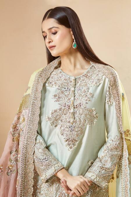 Anamika Khanna Blue Cotton, Georgette Pearls, Embroidery Round Neck Kurta Sharara Set at Aza Fashions Anamika Khanna_Blue Cotton, Georgette Pearls, Embroidery Round Neck Kurta Sharara Set_at_Aza_Fashions