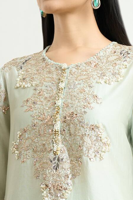 Buy Anamika Khanna Blue Cotton, Georgette Pearls, Embroidery Round Neck Kurta Sharara Set Buy_Anamika Khanna_Blue Cotton, Georgette Pearls, Embroidery Round Neck Kurta Sharara Set