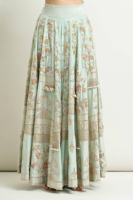 Shop Anamika Khanna Blue Cotton, Georgette Pearls, Embroidery Round Neck Kurta Sharara Set Shop_Anamika Khanna_Blue Cotton, Georgette Pearls, Embroidery Round Neck Kurta Sharara Set