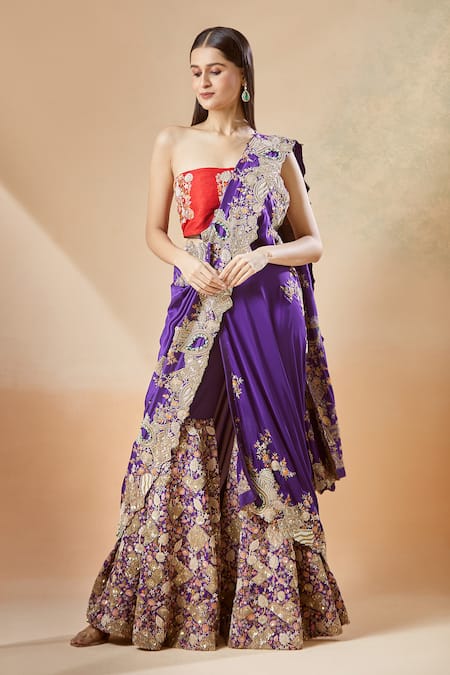 Anamika Khanna Embroidered Sharara Saree With Unstitched Blouse Piece 