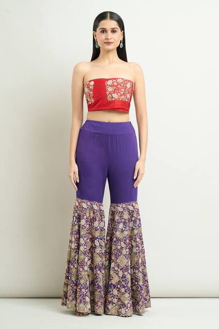 Anamika Khanna Purple Cotton Embroidery Sharara Saree With Unstitched Blouse Piece Online at Aza Fashions Anamika Khanna_Purple Cotton Embroidery Sharara Saree With Unstitched Blouse Piece_Online_at_Aza_Fashions