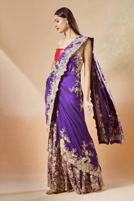 Buy Anamika Khanna Purple Cotton Embroidery Sharara Saree With Unstitched Blouse Piece Online at Aza Fashions Buy_Anamika Khanna_Purple Cotton Embroidery Sharara Saree With Unstitched Blouse Piece_Online_at_Aza_Fashions