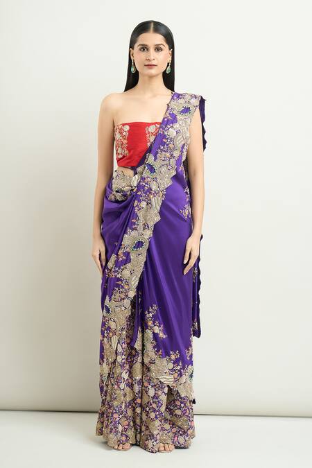 Shop Anamika Khanna Purple Cotton Embroidery Sharara Saree With Unstitched Blouse Piece Online at Aza Fashions Shop_Anamika Khanna_Purple Cotton Embroidery Sharara Saree With Unstitched Blouse Piece_Online_at_Aza_Fashions