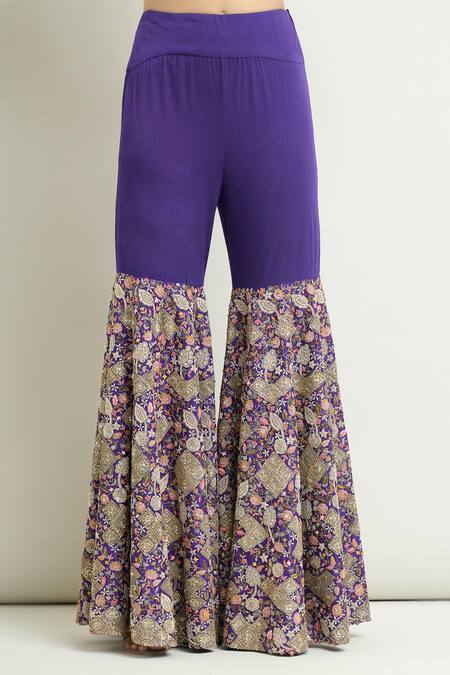 Shop Anamika Khanna Purple Cotton Embroidery Sharara Saree With Unstitched Blouse Piece Shop_Anamika Khanna_Purple Cotton Embroidery Sharara Saree With Unstitched Blouse Piece