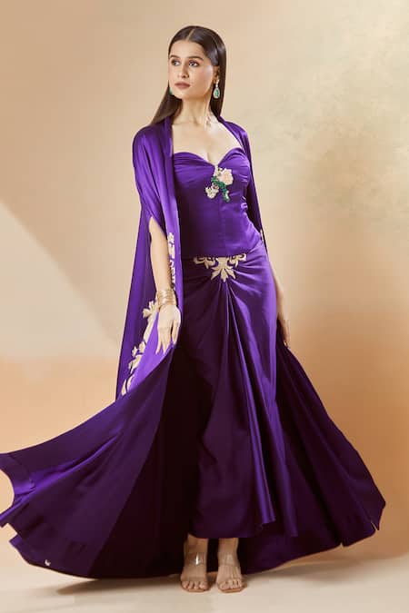 Anamika Khanna_Purple Silk Embroidery Sweetheart Neck Cape And Draped Skirt Set_Online_at_Aza_Fashions
