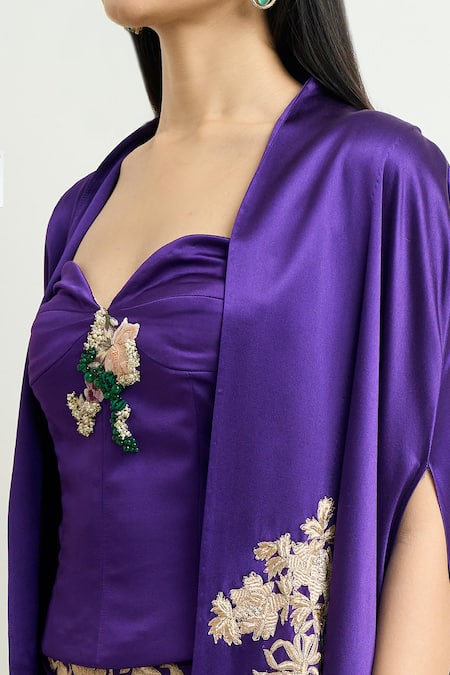 Buy_Anamika Khanna_Purple Silk Embroidery Sweetheart Neck Cape And Draped Skirt Set_Online_at_Aza_Fashions