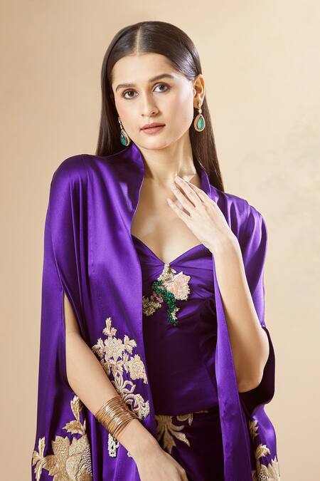 Shop_Anamika Khanna_Purple Silk Embroidery Sweetheart Neck Cape And Draped Skirt Set_Online_at_Aza_Fashions