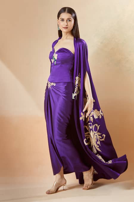 Anamika Khanna_Purple Silk Embroidery Sweetheart Neck Cape And Draped Skirt Set_at_Aza_Fashions