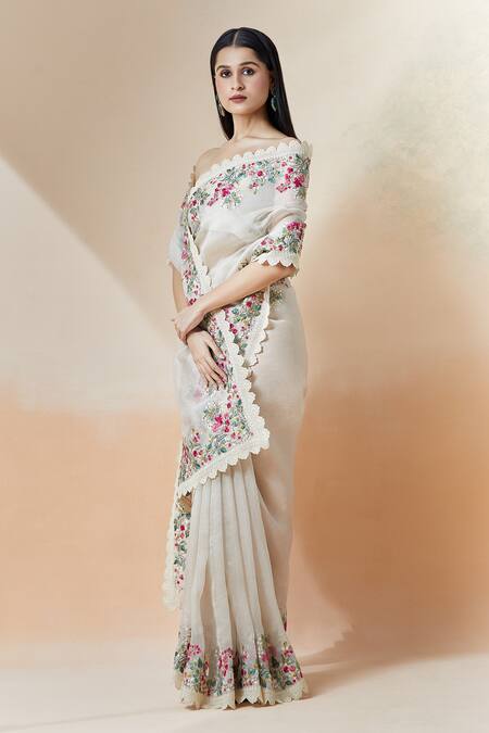 Shop_Anushree Reddy_Ivory Organza Embroidery Floral Saree With Unstitched Blouse Piece _Online_at_Aza_Fashions