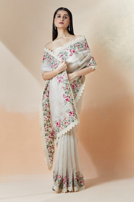 Anushree Reddy_Ivory Organza Embroidery Floral Saree With Unstitched Blouse Piece _at_Aza_Fashions