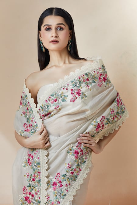 Buy_Anushree Reddy_Ivory Organza Embroidery Floral Saree With Unstitched Blouse Piece 