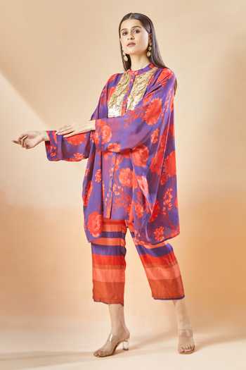 Archana Shah_Red Printed Floral Band Collar Moroccan Kaftan And Pant Set_Online_at_Aza_Fashions
