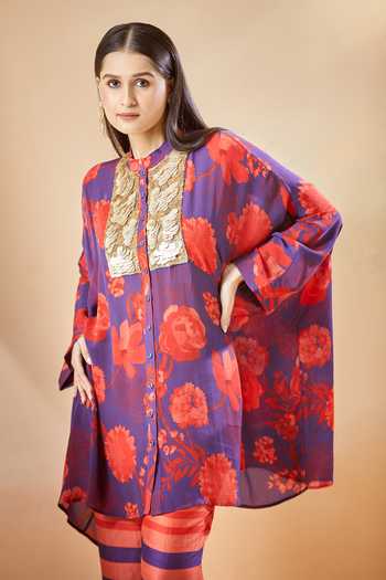 Buy_Archana Shah_Red Printed Floral Band Collar Moroccan Kaftan And Pant Set_Online_at_Aza_Fashions