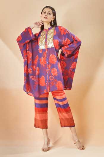 Shop_Archana Shah_Red Printed Floral Band Collar Moroccan Kaftan And Pant Set_Online_at_Aza_Fashions