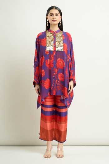 Archana Shah_Red Printed Floral Band Collar Moroccan Kaftan And Pant Set_at_Aza_Fashions