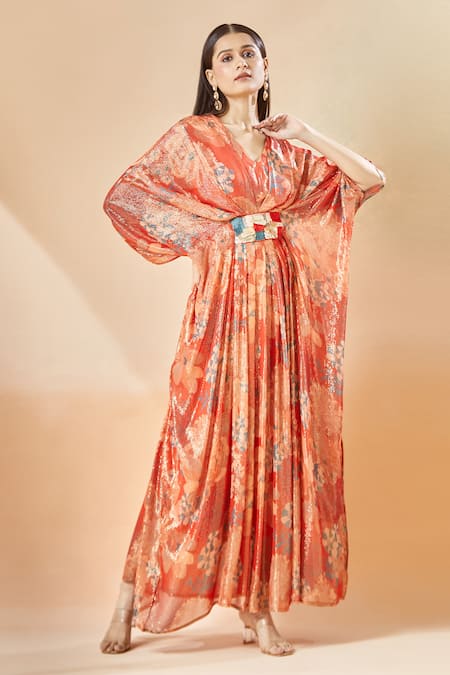 Buy_Archana Shah_Red Printed Floral V Neck Moroccan Shimmer Kaftan _Online_at_Aza_Fashions