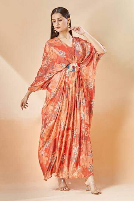 Archana Shah_Red Printed Floral V Neck Moroccan Shimmer Kaftan _at_Aza_Fashions