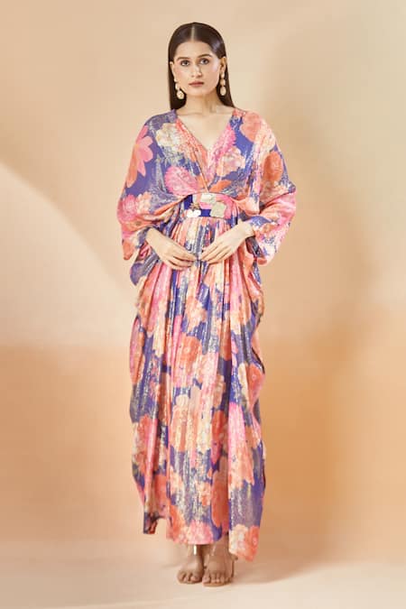 Archana Shah Blue Printed Floral V Neck Moroccan Shimmer Kaftan 