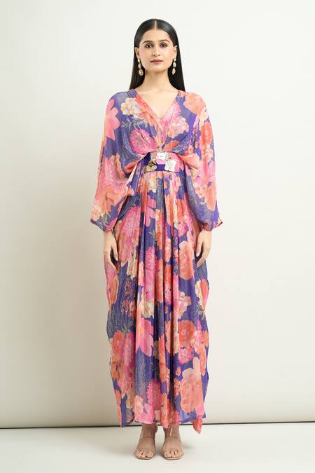 Archana Shah_Blue Silk Embroidery V-neck Moroccan Printed Shimmer Kaftan _Online_at_Aza_Fashions
