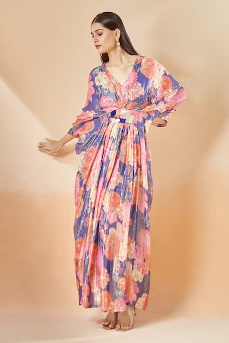 Shop_Archana Shah_Blue Silk Embroidery V-neck Moroccan Printed Shimmer Kaftan _Online_at_Aza_Fashions