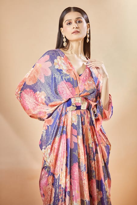 Buy_Archana Shah_Blue Silk Embroidery V-neck Moroccan Printed Shimmer Kaftan 