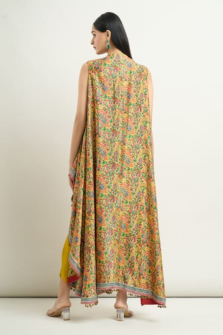 Shop_Debyani + CO_Yellow Paisley Print Cape _at_Aza_Fashions