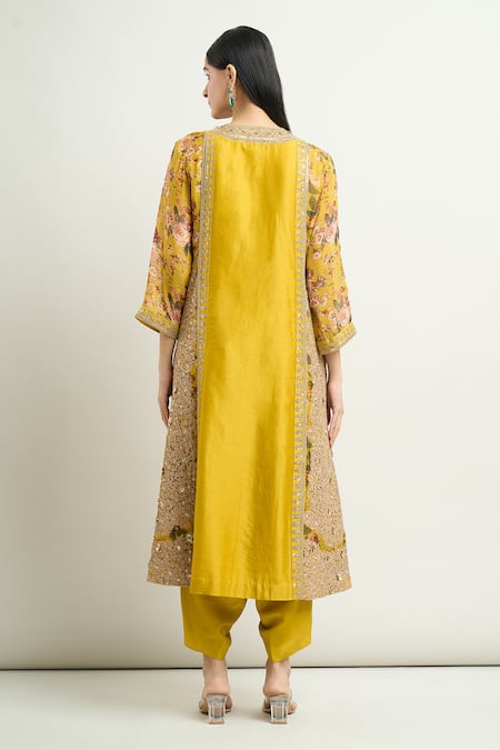 Shop_Debyani + CO_Yellow Silk Embroidery Round Neck A-line Kurta Set _at_Aza_Fashions