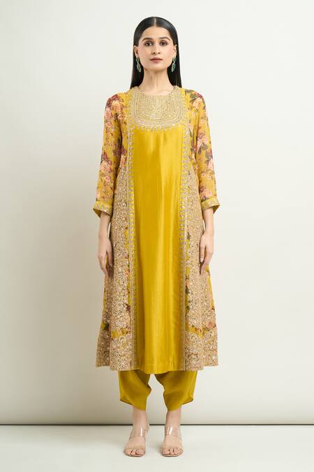Debyani + CO_Yellow Silk Embroidery Round Neck A-line Kurta Set _Online_at_Aza_Fashions