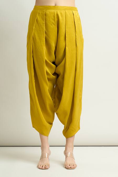 Buy_Debyani + CO_Yellow Silk Embroidery Round Neck A-line Kurta Set _Online_at_Aza_Fashions